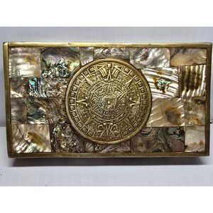 Vintage Abalone Mother Of Pearl Box W/Aztec Mayan Sun Calendar‎ Alpacha Mexico